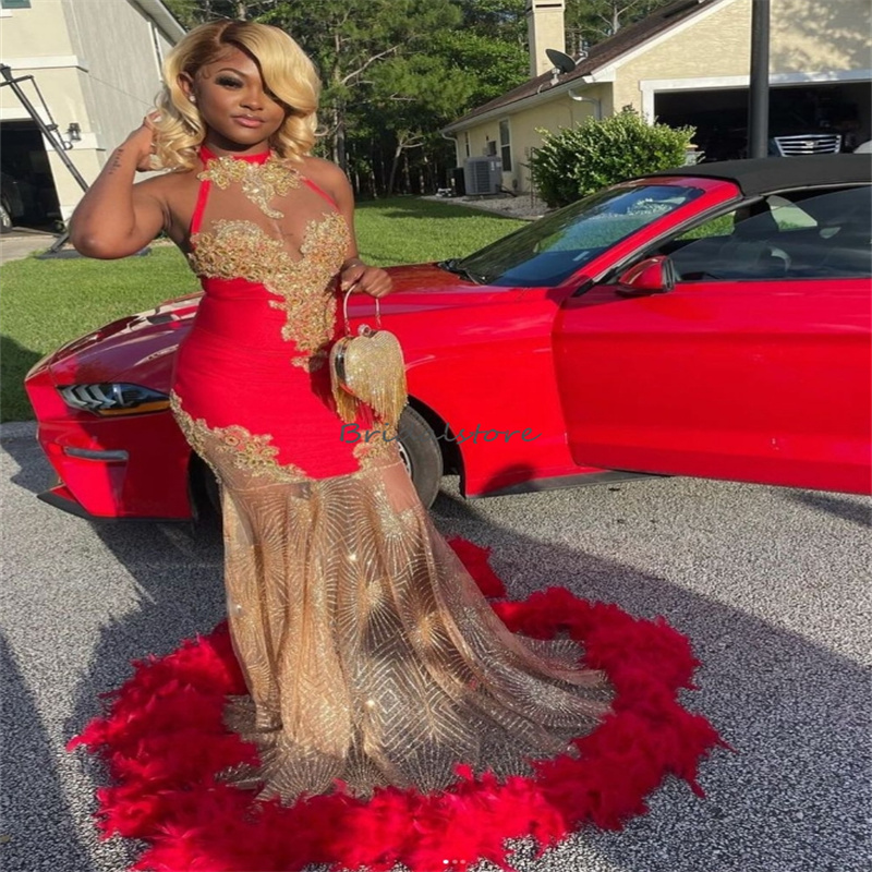 Luxury Feather Prom Dresses With Gold Appliques Gorgeous Black Girls Mermaid Evening Gowns Sparkly Sequin Engagement Formal Birthday Dress 2024 vestid