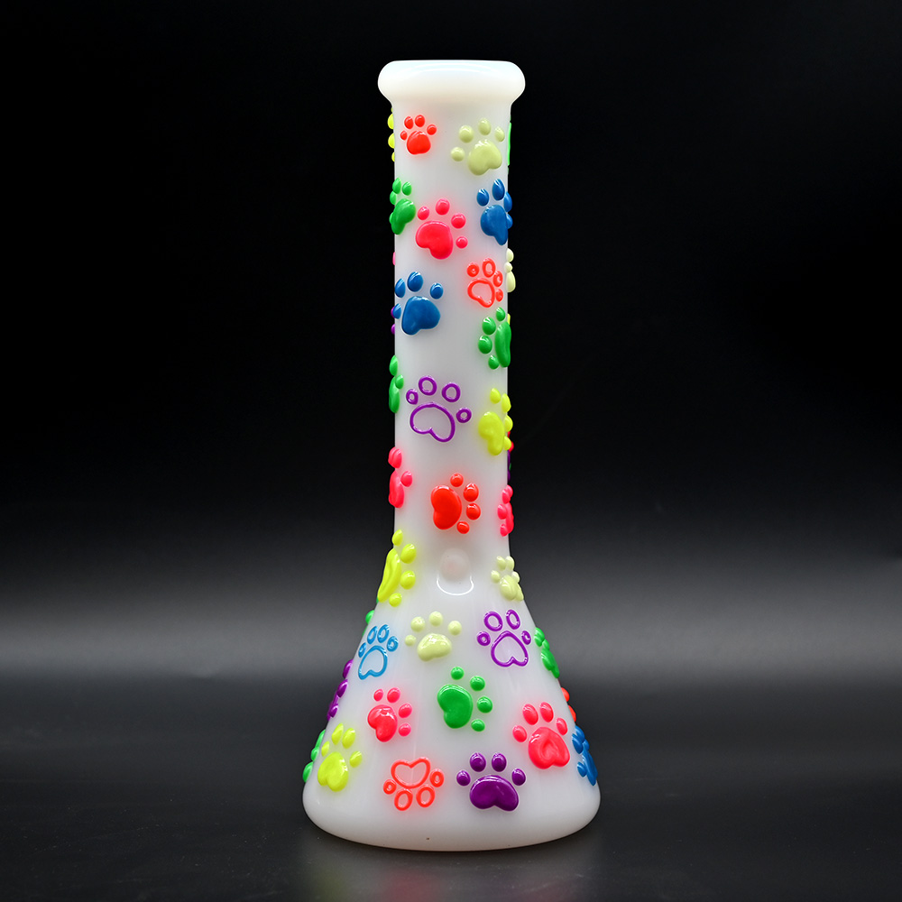 White Jade Glass Water Pipe,Cute Cartoon Glass Bongs,Borosilicate Glass Bottle With Colorful Luminous Cat Paw,Glass Hookah,Hand Painted,Smoking Access