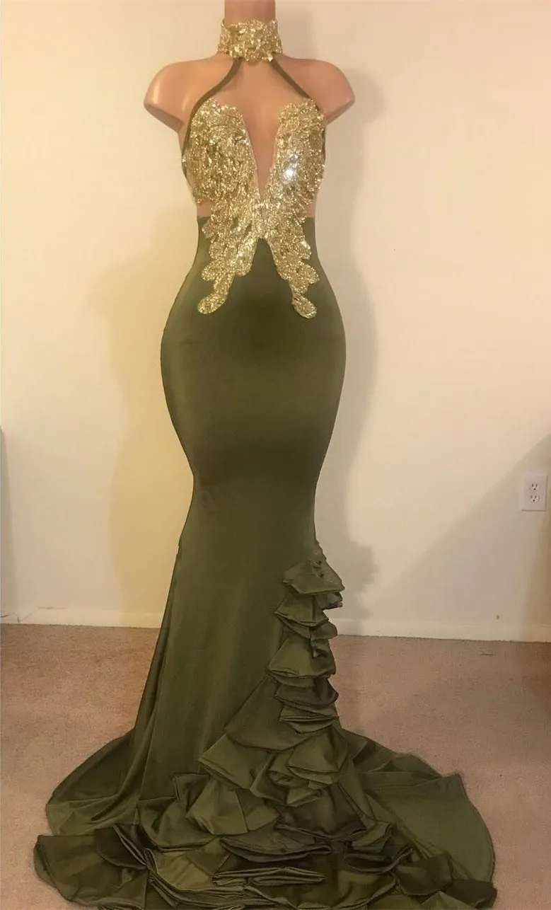 Green Halter Olive Satin Long Mermaid Prom Dresses Black Girls Lace Applique Beaded Layered Ruffles Sweep Train Evening Gowns 0219