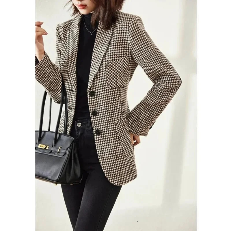 Spring Thousand-Bird Lattice Small Suit Jacket Womens Medium Length Slim Temperament Plaid Suit Everything Up Top XZ08 240306