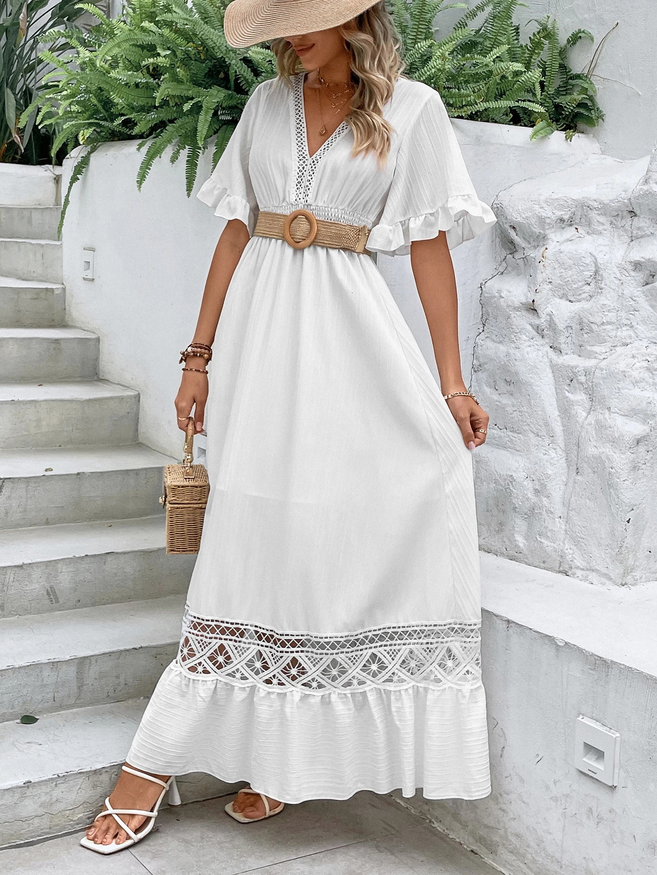 Elegant Solid White Long Dress Clothing Bohemia Hollow Hem Sexy Short Sleeves Dresses High Waist Beach Party Maxi 240313