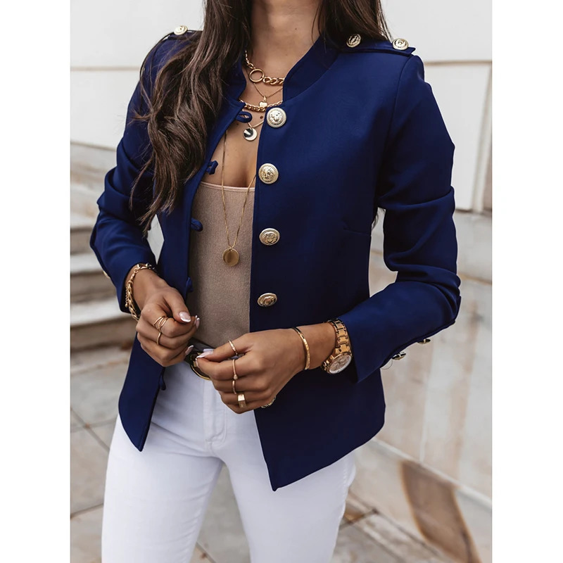 Vintage Blazer Women Office Jacket Streetwear Autumn Button Solid Color Elegant Long Sleeved Slim Breasted Small Blazer Outwear 240306