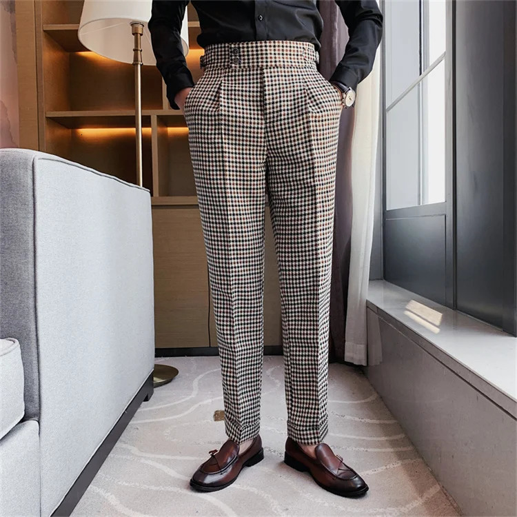 British Style Men High Waist Business Dress Pants Fashion Houndstooth Office Social Suit Pants Wedding Groom Casual Trousers Men 240305