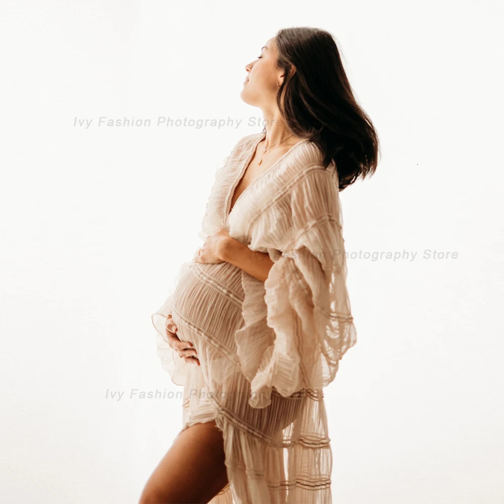 Bohemian Po Shooting Pregnancy Dress V-neck Long Sleeve Pleated Chiffon Elegant Maternity Pography Dress Boho Style 240315