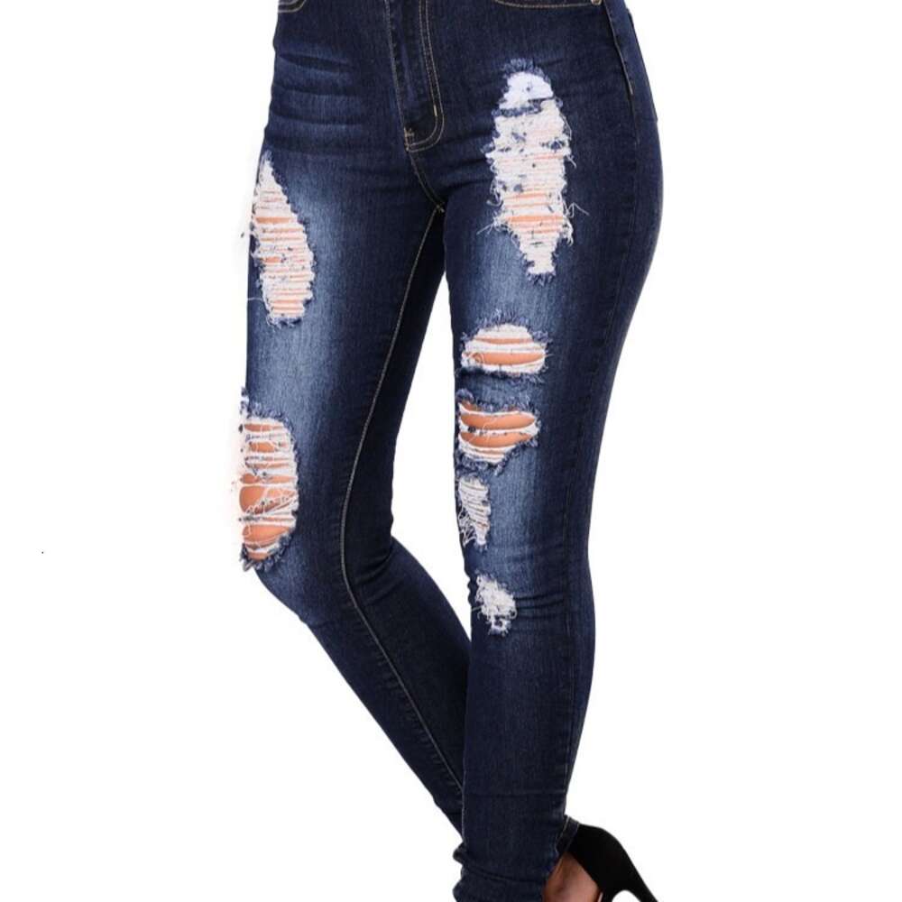 Women's Mid Rise Slim Fit Elastic Washed and Worn-out Denim Pants Hot