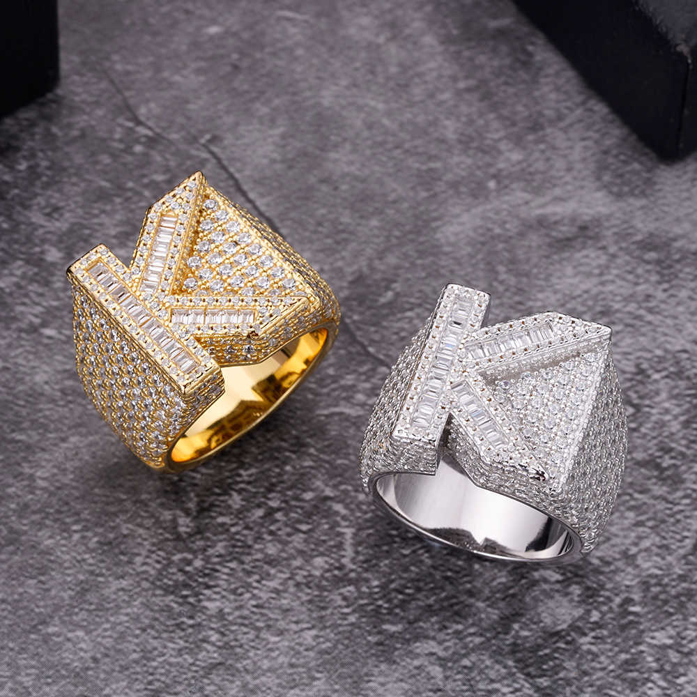 Hip Hop Custom 925 Sterling Silver Cz Moissanite Rings Jewelry Iced Out 18K Gold Plated A-Z Letter Ring For Men
