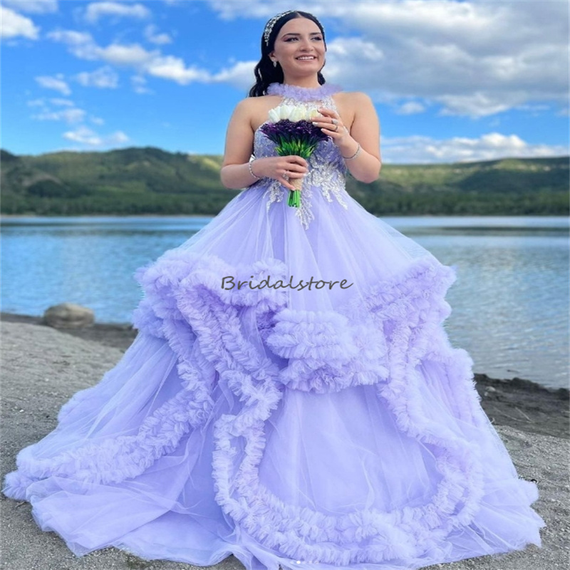 Gorgeous Lilac Prom Dresses With Ruffles Fairytale A Line Tulle Evening Gowns Appliques Luxury Photograph Formal Dress 2024 Backless Special Occasion 