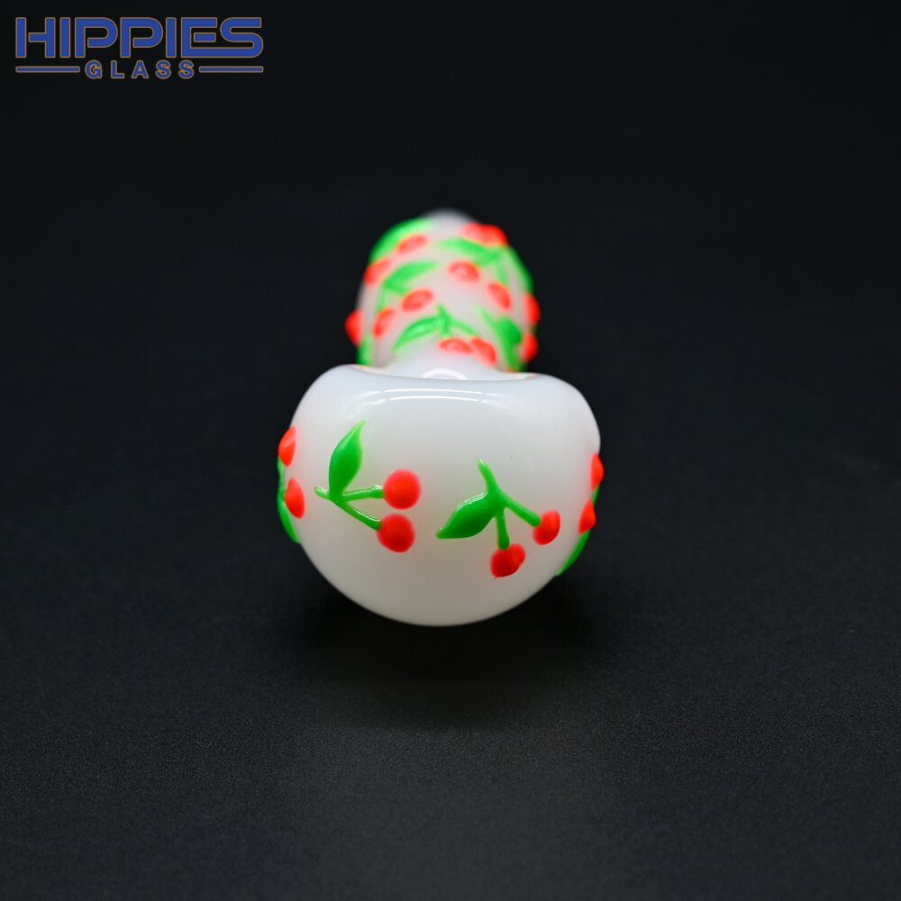 4in,Colorful Hand Drawn Glass Pipe,Cartoon Cherry Pattern With Glow In Dark,White Jade Pipe,Borosilicate Glass Bongs,Glass Hookah,Smoking Accessaries