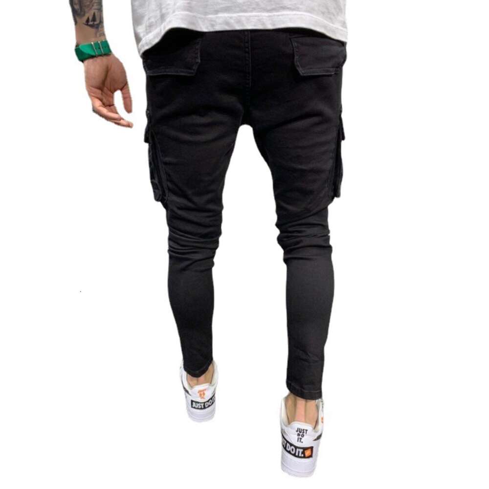 Spring Festival Does Not Close, Multiple Pockets with Holes, Elastic Small Leg Jeans, High-quality Denim Workwear Pants, Men's New Style
