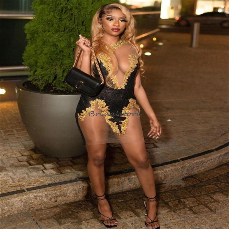 Black Girls Baddies Prom Dresses 2024 Sexy One Shoulder Gold Lace Short Evening Dress Elegant Women Cocktail Club Party Gowns Fancy See Through Gradua