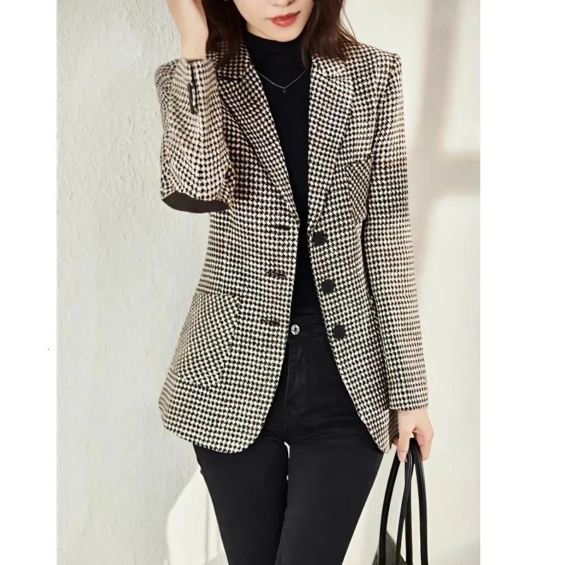 Spring Thousand-Bird Lattice Small Suit Jacket Womens Medium Length Slim Temperament Plaid Suit Everything Up Top XZ08 240306
