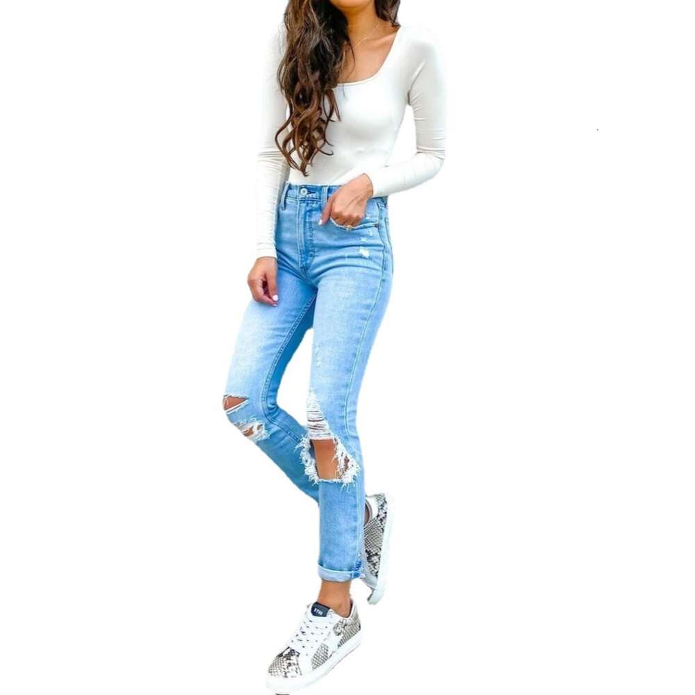 2024 New Personalized Slim Street Straight Leg Pants High Waist Worn and White Washed Jeans for Women