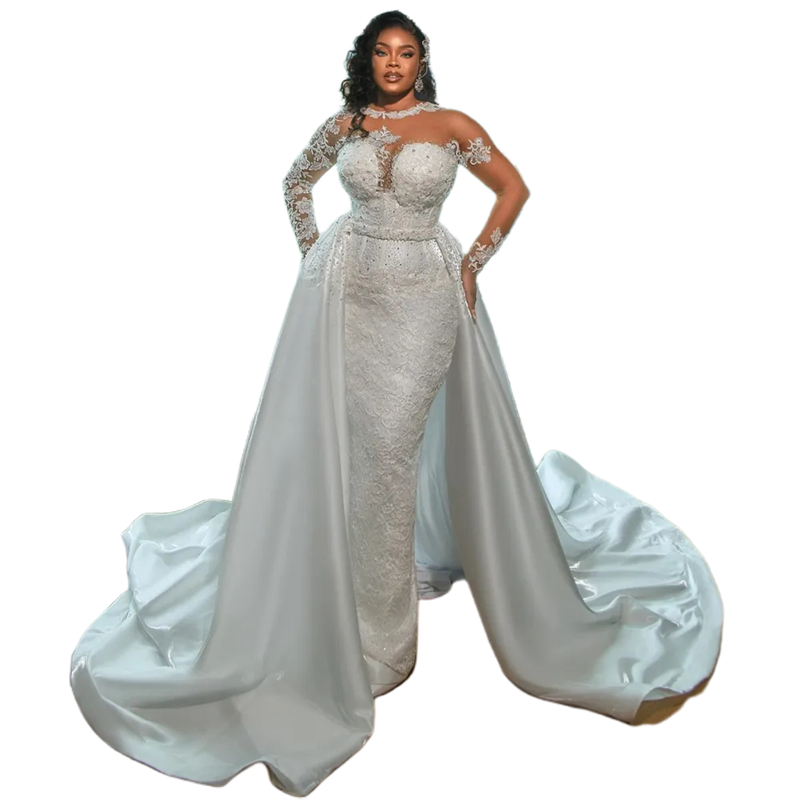 Full Lace Sheath Wedding Dresses With Detachbale Train Sheer Long Sleeves Crew Neck Arabic Duabi African Luxury Bridal Gowns Beaded 2024 Vestido De No