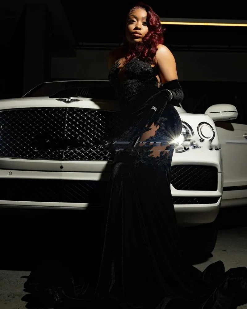 Sexy Black Mermaid Prom Dresses Lace Velvet African Women Party Gowns Sequin Vestidos De Ocasion Formales
