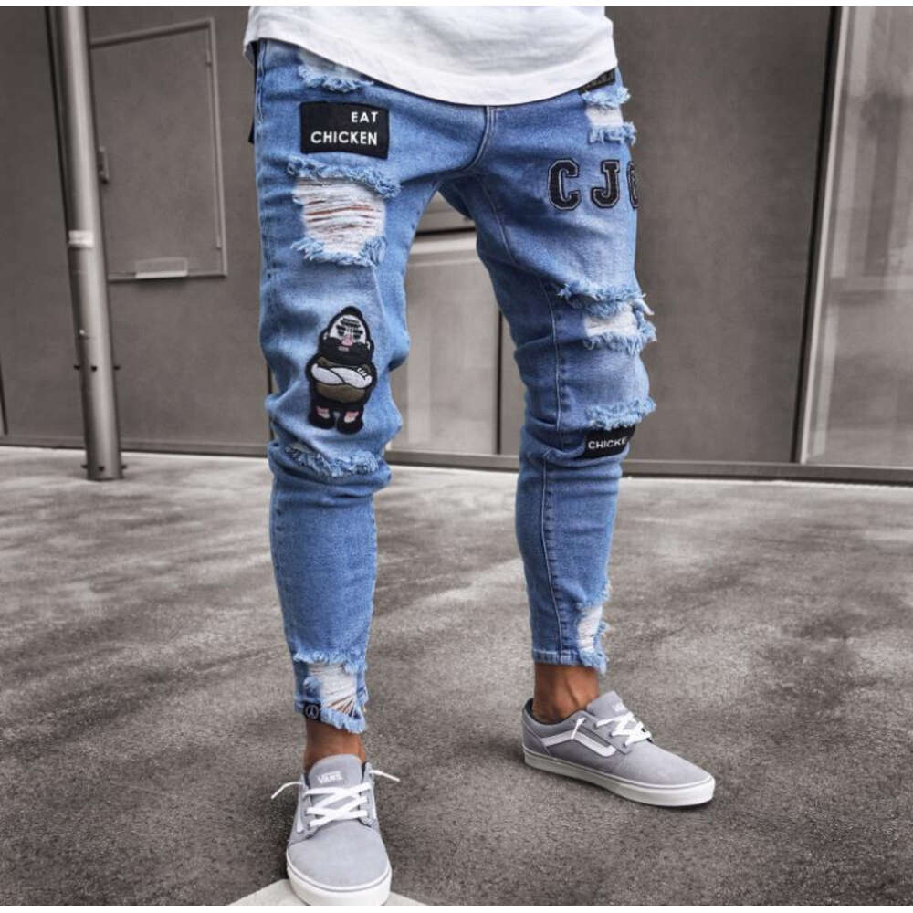 Men's Hip-hop Slim Fit Distressed Leggings Badge Elastic Jeans New Style