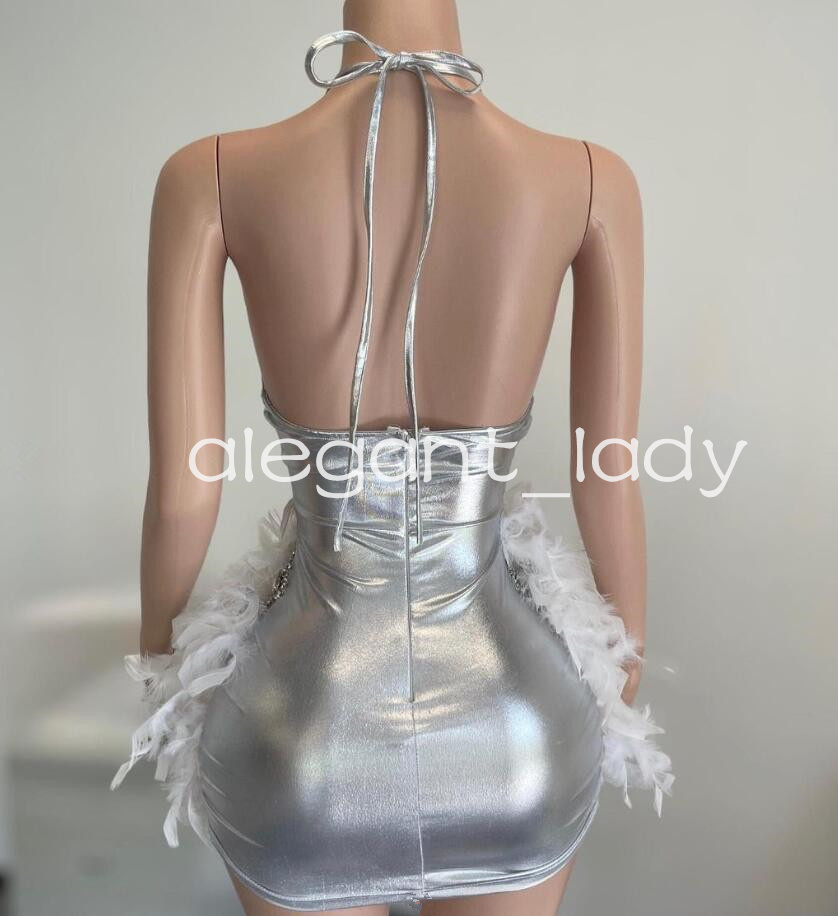 Sparkly White Silver Short Prom Homecoming Dresses for Black Girl Luxury Diamond Feather Birthday Dress vestidos de graduaciun evening