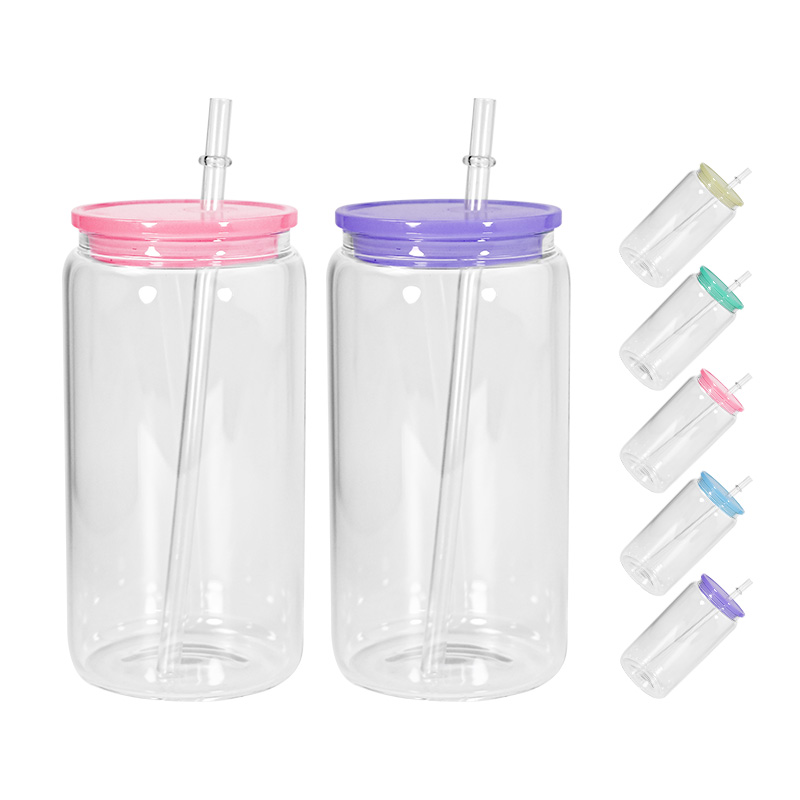 Blank Sublimation 16oz Glass Can with PP Lids Tumbler shape Bottle with Lid and Straw Summer Drinkware Mason Jar Juice Cup Z11