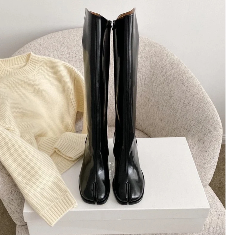 Tabi new split toe boot, long tube boots, women's leather thick heels, high heels, knight boots, pig hooves, horse hooves, designer's, factory shoes