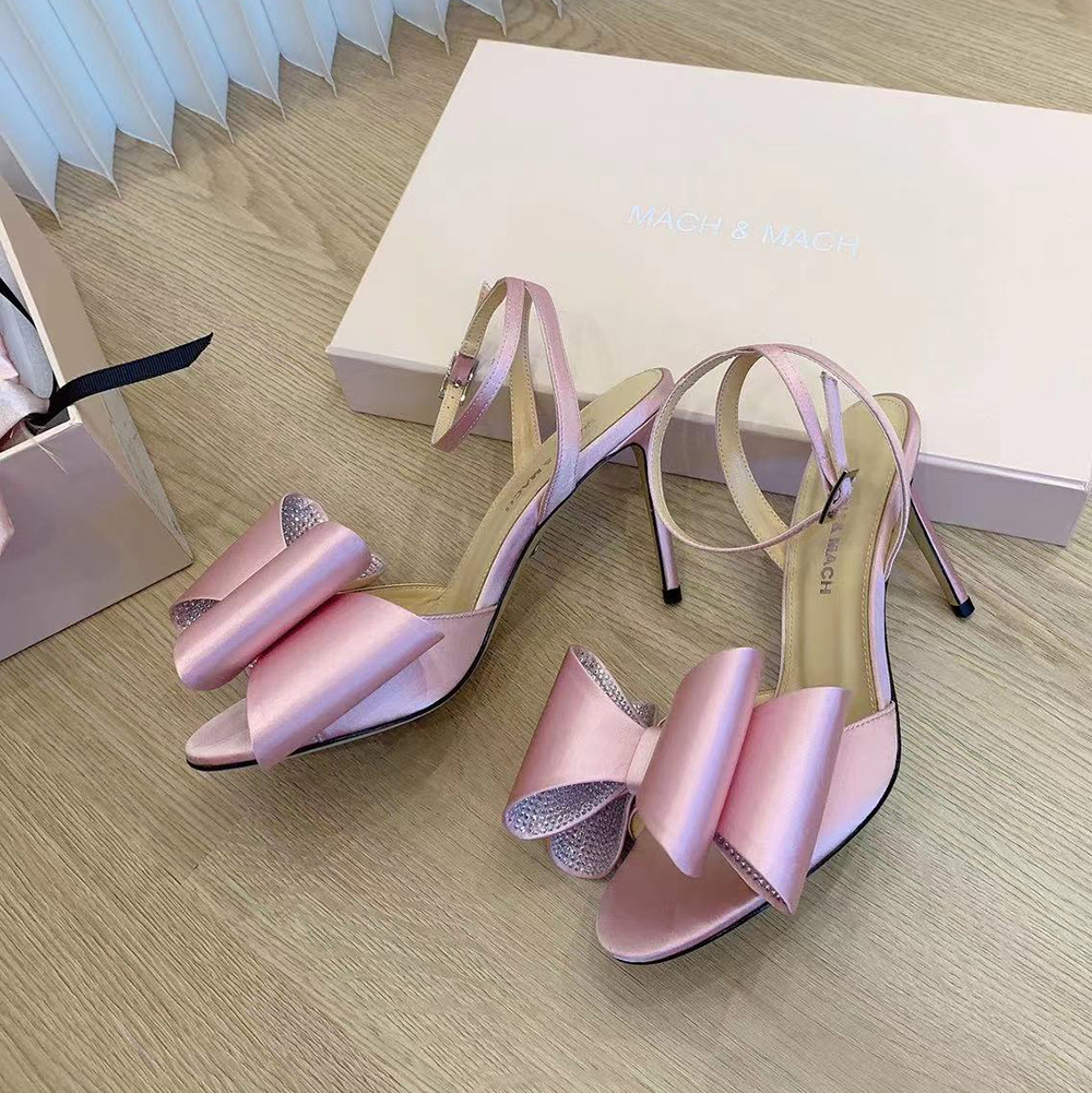 Mach Mach Satin bowtie stiletto Sandals pumps ankle strap exposed toe leather outsole evening shoes women Luxury designers high heels factory footwear
