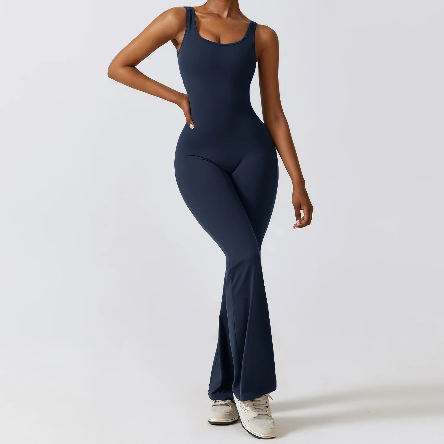 Women Push Up Workout Flare Jumpsuits Sexy Backless Gym Bodycon Scrunch Butt Yoga Rompers V Back Suit Sportswear 240307