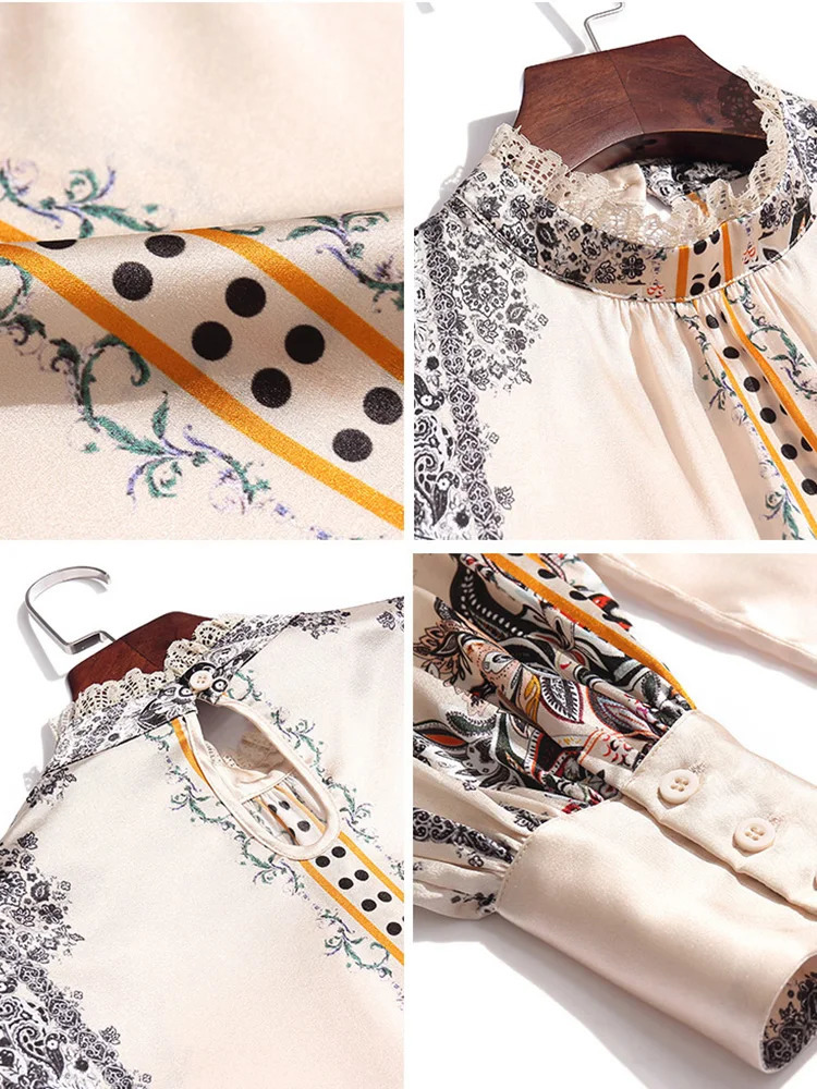 EVNISI French Printed Woman Blouse Silk Satin Shirt Elegant Loose Lantern Sleeve Office Ladies Spring Autumn Pullover Tops 240315