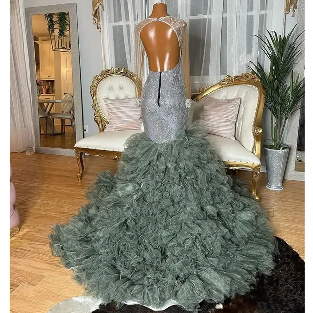 Sier Prom Dress Mermaid Long Sleeves Beads Ruffles African Evening Party Dresses Vestidos De Gala 0914