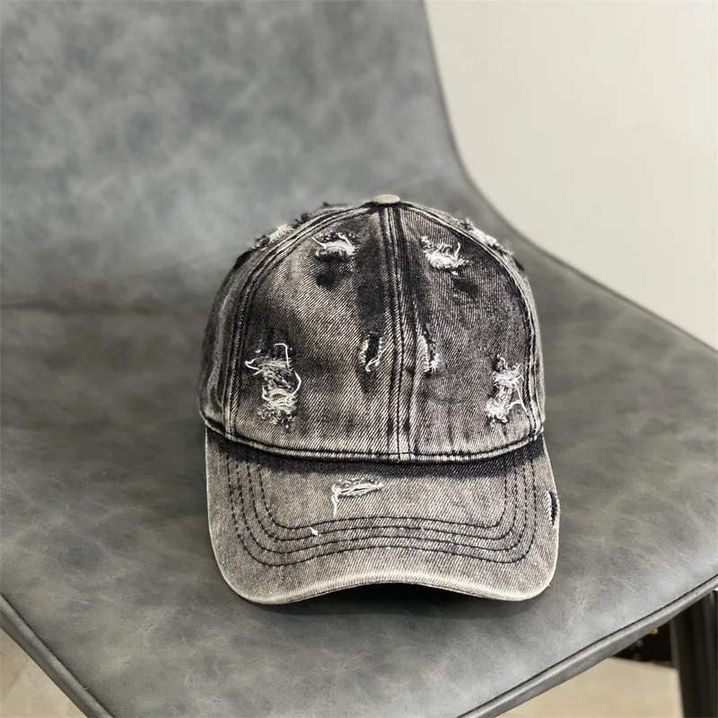 Fashion Denim Cap Casual Washed Old Hole Jean Baseball Cap Vintage Men Blank Hat Women Hip Hop Cap Bone 240220