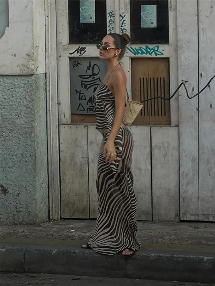 Women Sexy Slim Striped Print Skirt Suit Fashion Sleeveless Backless Top 2 Pieces Sets Elegant Vacation Beach Outfit 240328