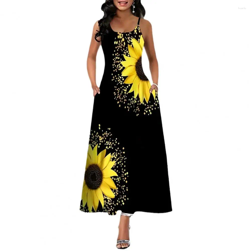 Casual Dresses Print Long Dress Elegant Maxi With Pockets Womens Sleeveless A-line Summer Round Neck Backless Ankle Length