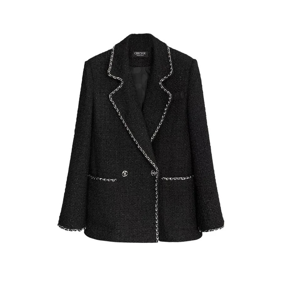 IRENE TINNIE Black Small Fragrance Jacket Women Coat Tweed Woven Overwear Casual Suit Jackets Female Spring School Style Top 240307