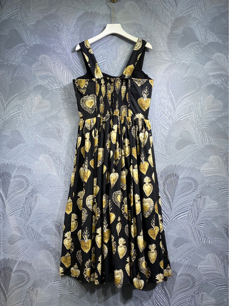Summer Holiday Party Dress 100% Cotton Flower Printing Spaghetti Strap High Street Midi Vestidos
