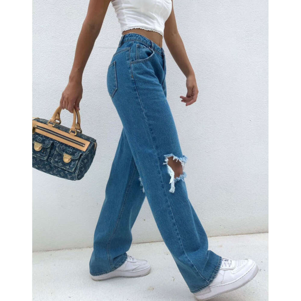 2024 Trendy High Waist Loose Hole Wide Leg Women's Jeans New