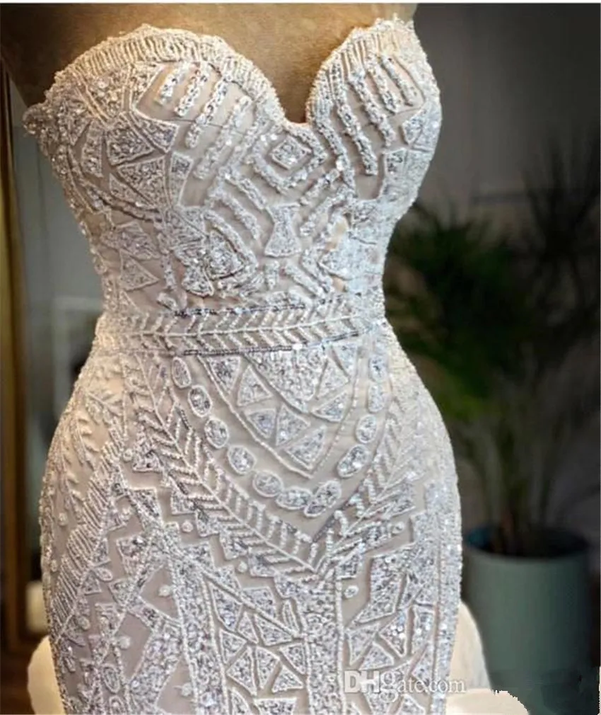 Mermaid Wedding Dress Sweetheart Beaded Pearl Tiered Ruffles Chapel Train Bridal Gowns Off Shoulder Sexy Bride Dresses Plus Size