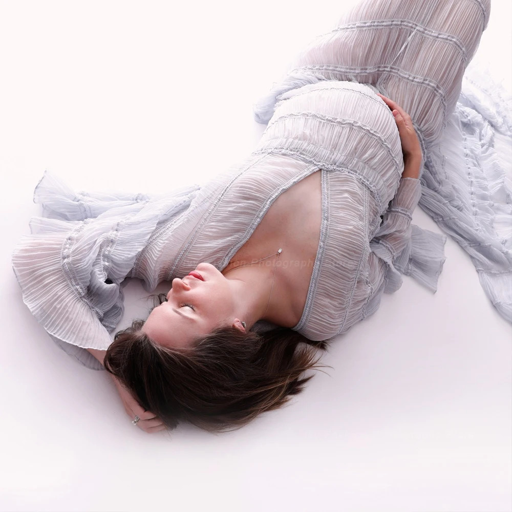 Bohemian Po Shooting Pregnancy Dress V-neck Long Sleeve Pleated Chiffon Elegant Maternity Pography Dress Boho Style 240315