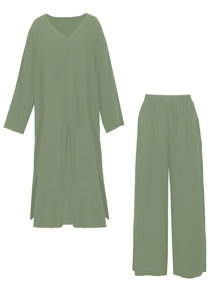 Plus Size Womens 2023 Fall Two Piece Outfits Long Sleeve V Neck Shirts Wide Leg Pants Casual Cotton Linen Tracksuits Sets 240307
