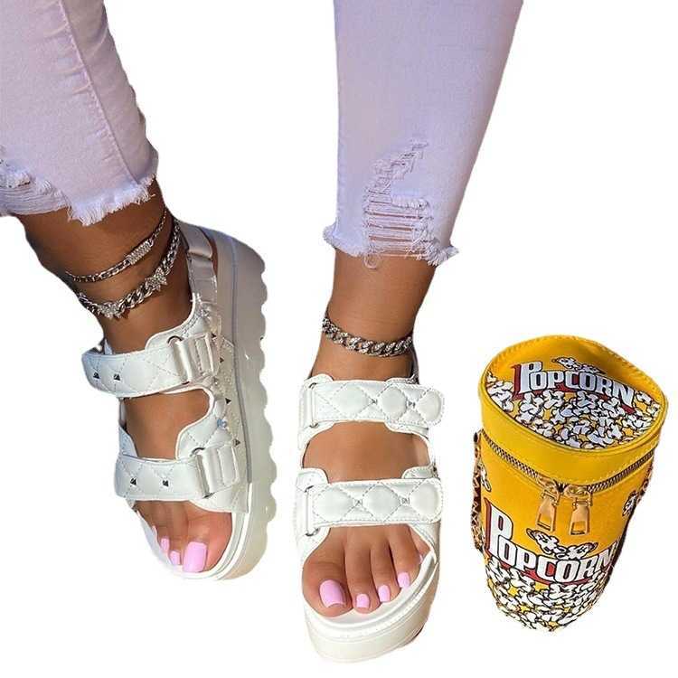 Sandals Sandals for women 23 new style rivet checkered sponge cake thick sole large size one word Velcro Roman sandals J240315