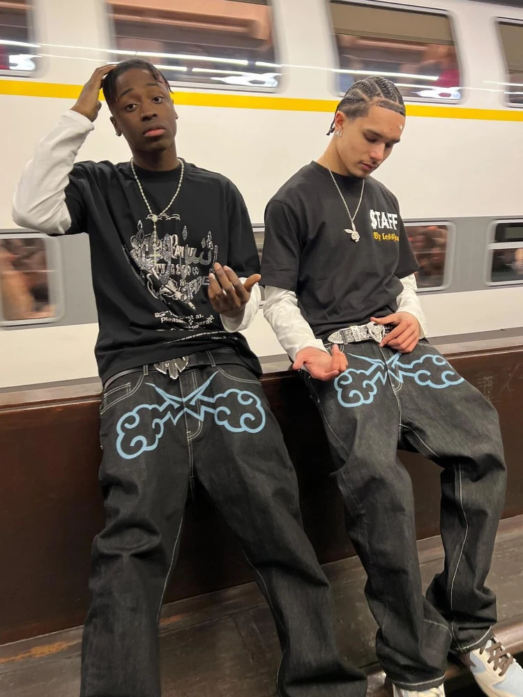 Y2k Jeans Hip Hop Print Baggy Denim Black Pants Mens 2023 Harajuku Fashion Punk Rock Wide Leg Trousers Streetwear 240301