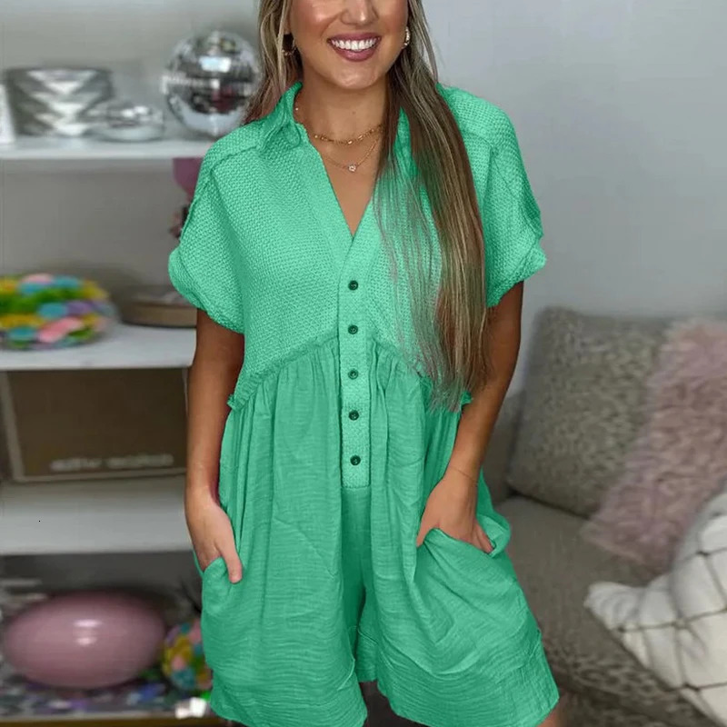 Women Vneck Button Short Jumpsuit Spring Patchwork Pocket Playsuit Romper Summer Sleeve Loose Tshirt Overalls Mujer 240307
