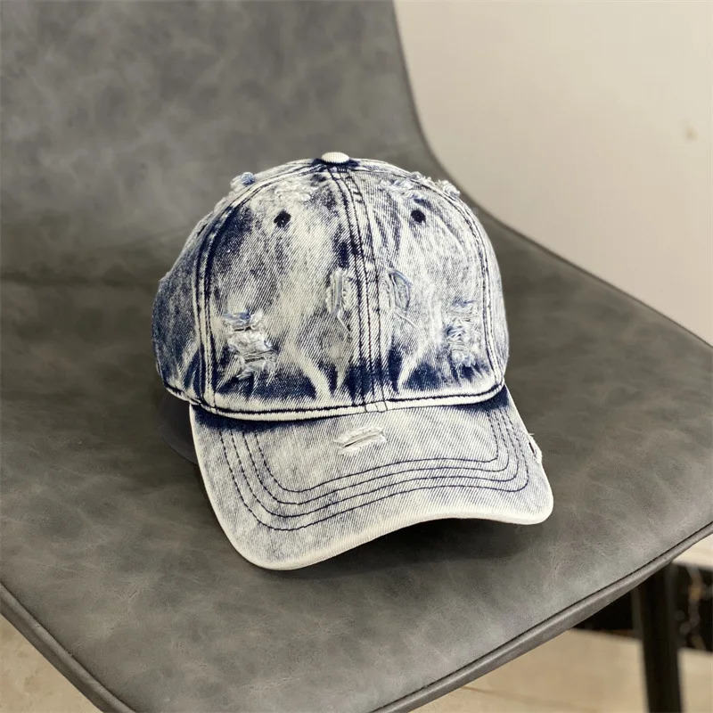 Fashion Denim Cap Casual Washed Old Hole Jean Baseball Cap Vintage Men Blank Hat Women Hip Hop Cap Bone 240220