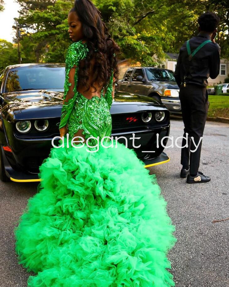 Emerald Green Long Sleeve Evening Formal Dresses 2024 Sparkly Applique Ruffles Skirt Black Girl Prom Birthday Gala Dress