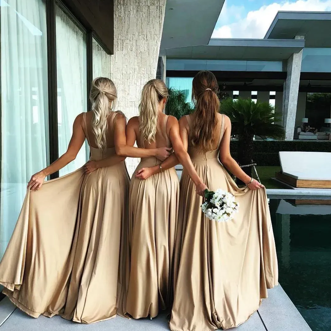 Cheap DHL Ship Bridmaid Dress Women Sister Group Drs Sexy Split V Neck Backls Sleevels Formal Wedding Evening Party Gowns 6660306
