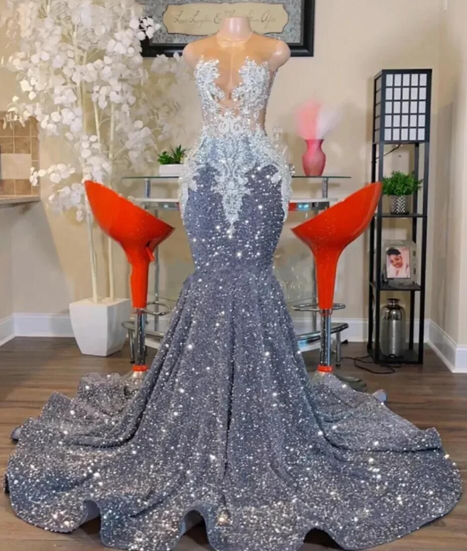 Shinning Grey Sequin Mermaid Prom Dresses 2024 O Neck Lace Appliques Plus Size Birthday Party Gowns Robe De Soiree Femme