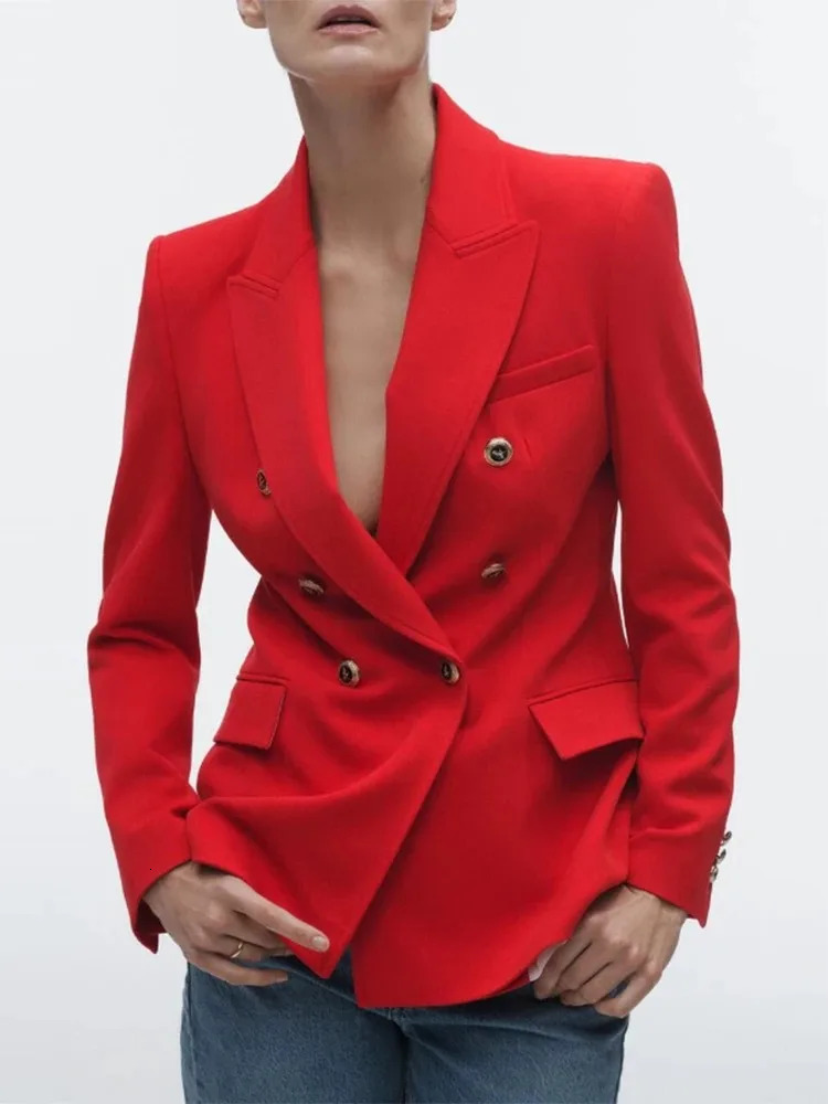 TRAF Womens Fashion V-Neck Blazer Long Sleeve Gold Button Slim Jacket Street Style Elegant Blazer Womens Casual Office Blazer 240229