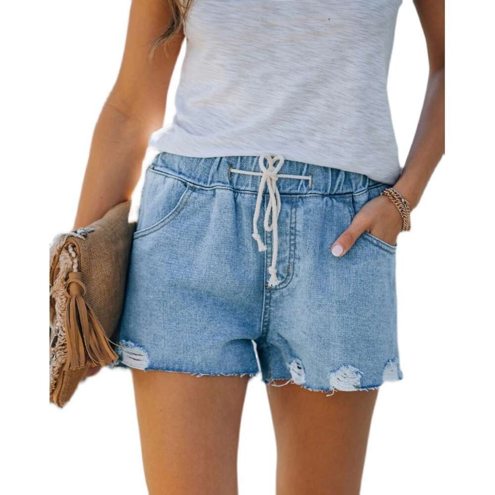 2024 Summer New Denim Shorts, Casual Water Wash, Cut, Broken Hole, Ragged Edge, Rubber Band Waist Shorts for Women