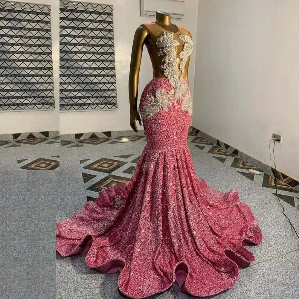 Luxury Pink Sequins Prom Dresses for Birthday Jewel Neck Crystal Long Cocktail Party Gown Luxury Pink Sequins Gala vestido de novia