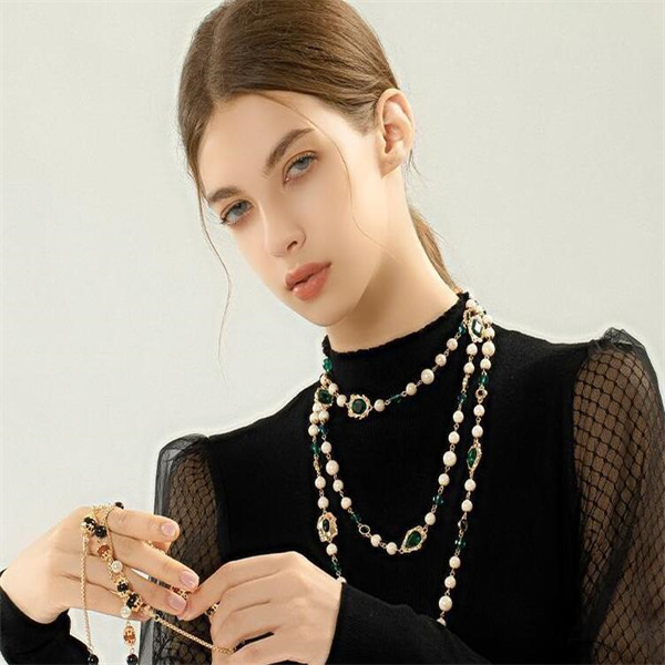 Vintage Pearl necklace Handmade glass turquoise long necklace for women Sweater chain small fragrance ornaments