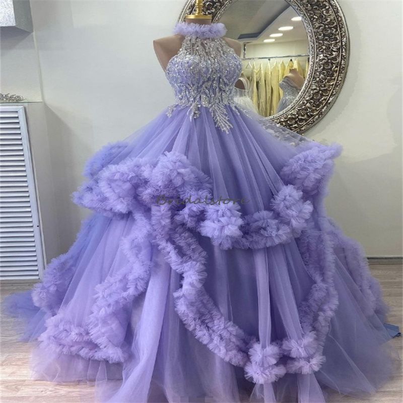 Gorgeous Lilac Prom Dresses With Ruffles Fairytale A Line Tulle Evening Gowns Appliques Luxury Photograph Formal Dress 2024 Backless Special Occasion 