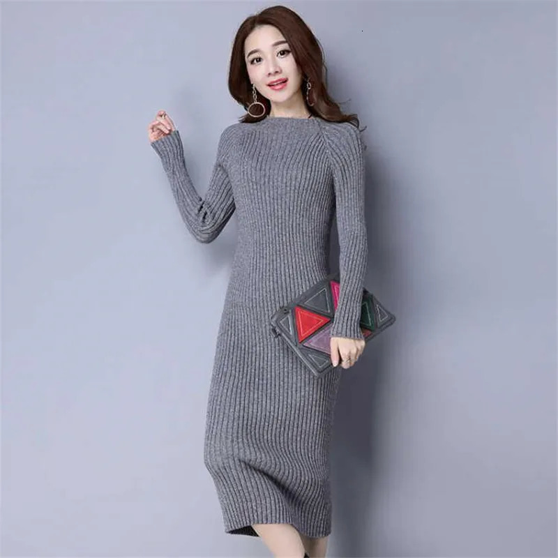 Autumn Women Bodycon Sheath Dress Sexy Red Ladies Knitted Sweater Dresses Cotton Long Sleeve Pure Casual Female Midi 240315