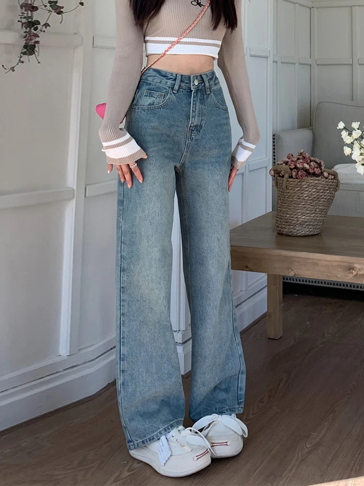 Blue Jeans Women Denim Pants High Waisted Wide Leg Chic Streetwear Trousers Y2k Korean Fashion Vintage Straight 240307