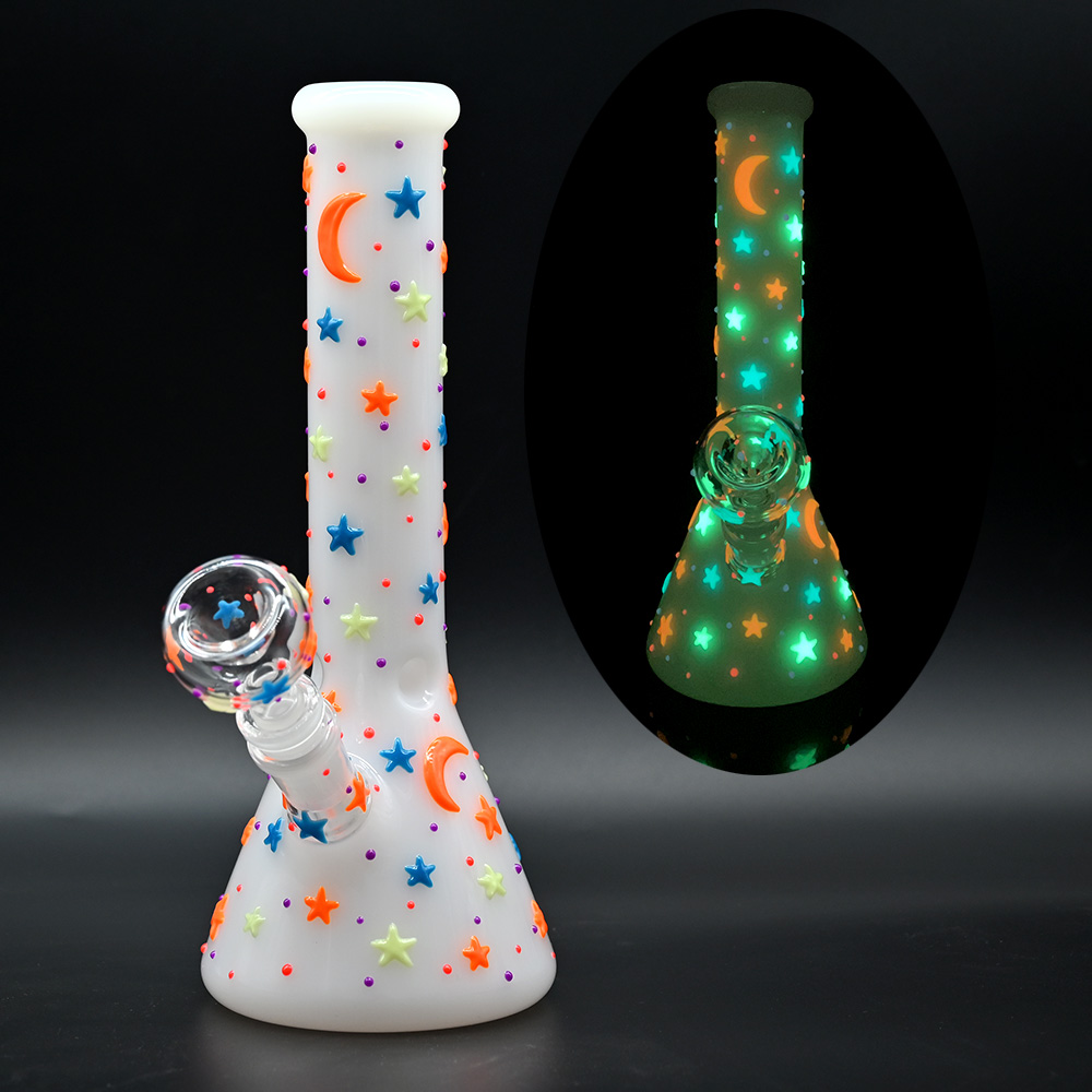 White Jade Glass Water Pipe,Glass Bottle With Colorful Luminous Star And Moon,Borosilicate Glass Bong,Glass Hookah,Hand Painted,Gifts That Girls Like